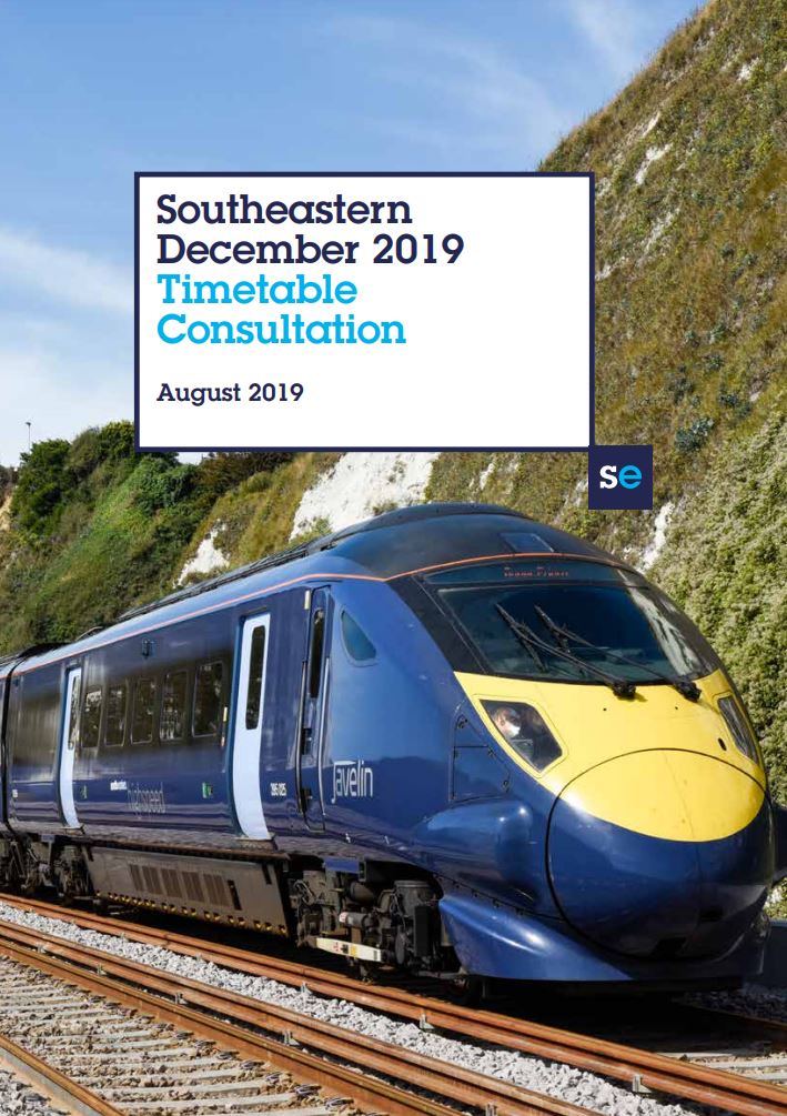 Cover for Southeastern's December 2019 timetable consultation document, featuring a Class 395 Javelin train.