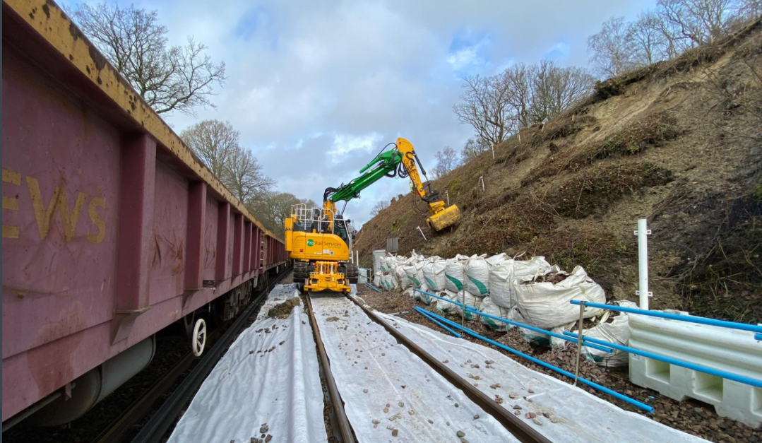 Network Rail at work repairing the landslip at High Brooms