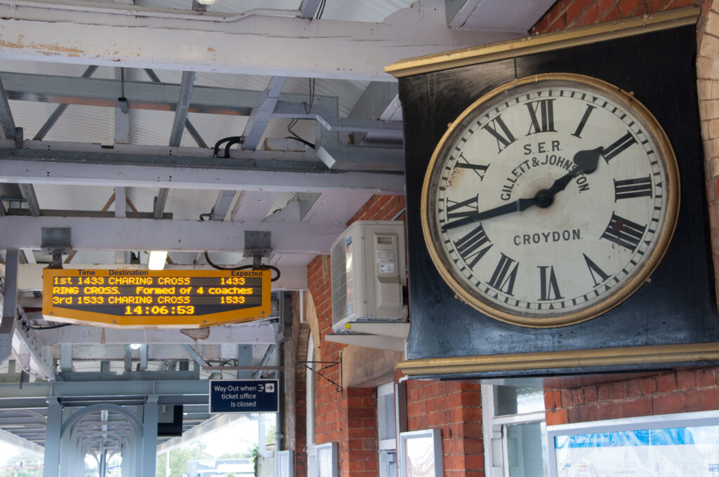 Paddock Wood station departure board and clock