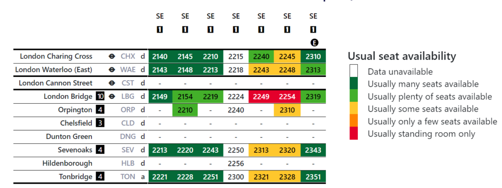 Southeastern Seat Finder tool showing late evening departures from Charing Cross