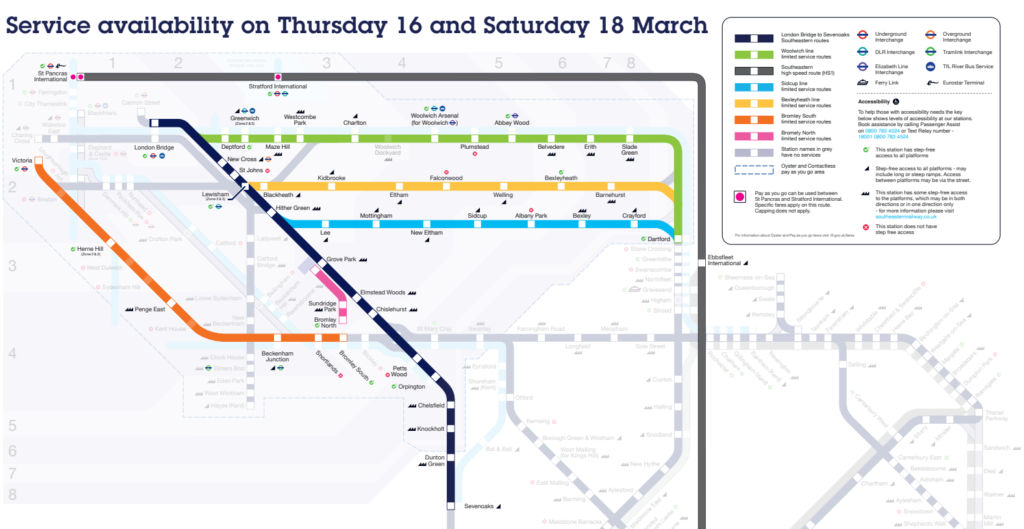 Southeastern service map on 16 and 18 March 2023
